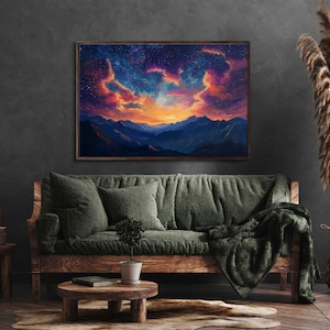 May include: A painting of a mountain range with a colorful sunset sky. The sky is filled with stars and clouds, and the mountains are silhouetted against the sunset.