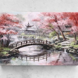 Japanese Cherry Blossom, Watercolor Painting, Framed Canvas Print, Ready To Hang