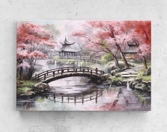 Japanese Cherry Blossom, Watercolor Painting, Framed Canvas Print, Ready To Hang