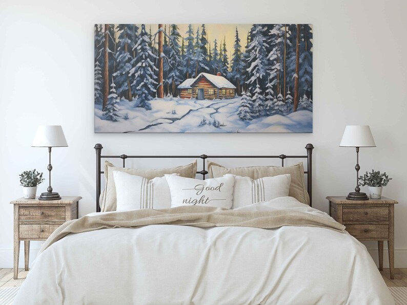 Snowy Log Cabin Landscape Painting, Framed Canvas Print, Ready to Hang ...