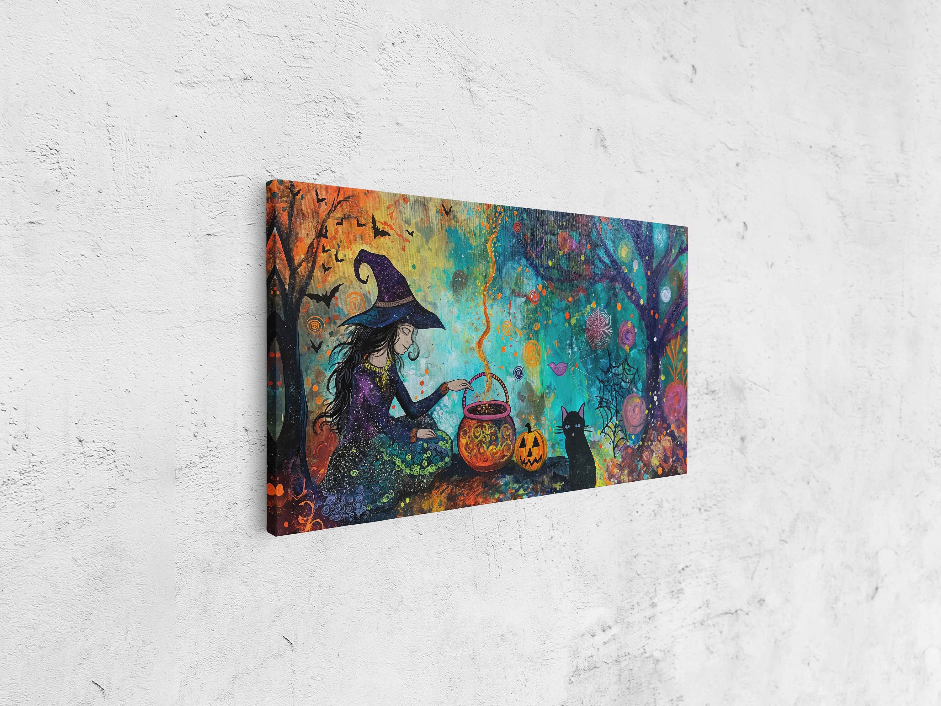 Witch Brewing Potion in Cauldron With Her Black Cat and Jack O Lantern ...