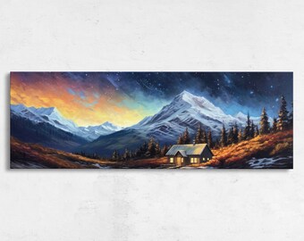 Cabin Starry Night Sky Panoramic Landscape Painting, Framed Canvas Print, Ready To Hang, Coloful Night Sky, Living Room Decor