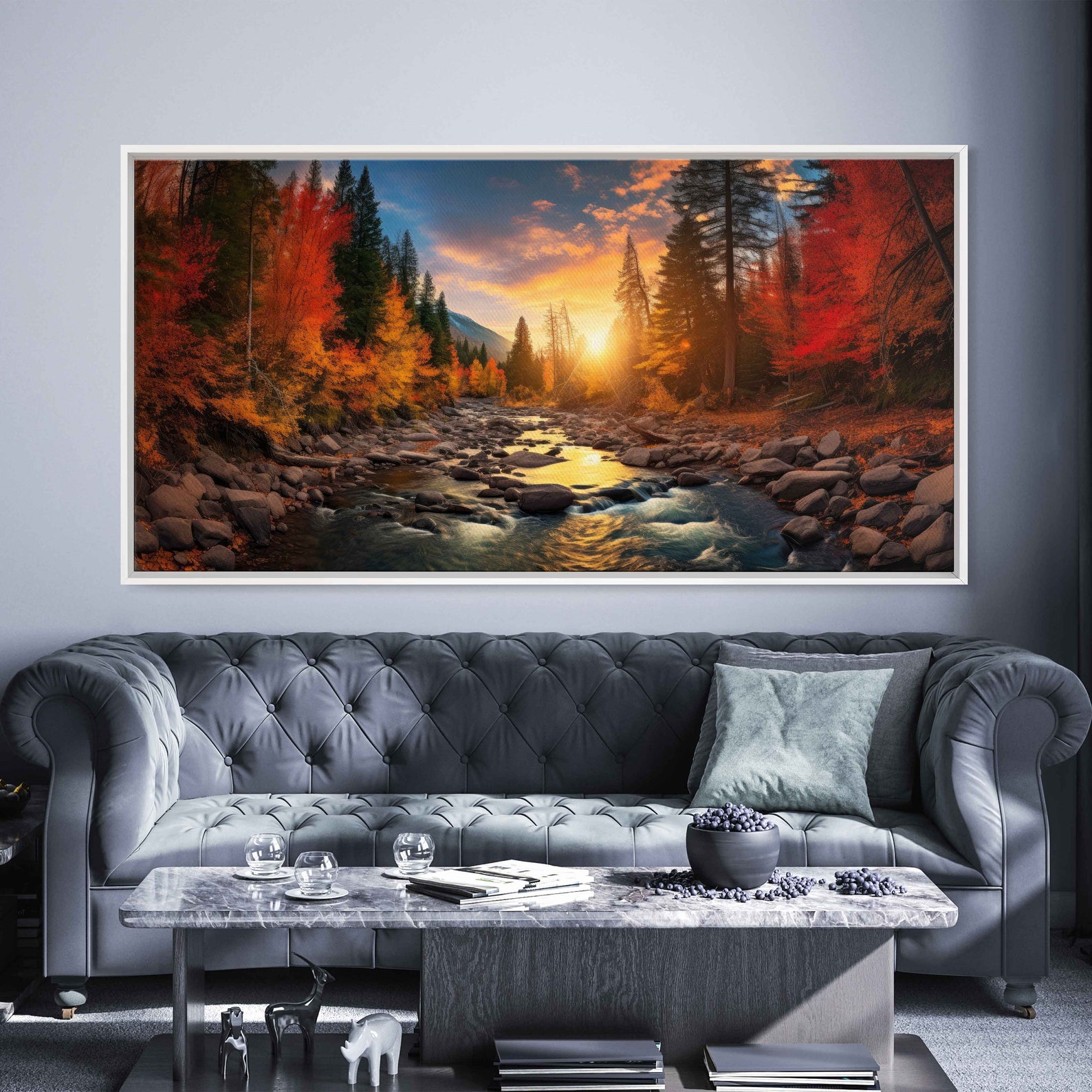 Sunlit Autumn Forest Stream Wall Art Canvas Print, Flowing Water Over ...