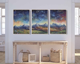 Starry Night Sky Painting, 3 Panel Wall Art, Framed Canvas Print, Ready To Hang, Triptych Wall Art