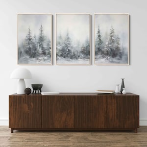 Winter Pine Trees Abstract Acrylic Painting, 3 Piece Triptych Wall Art, Framed Canvas Print, Ready To Hang