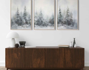 Winter Pine Trees Abstract Acrylic Painting, 3 Piece Triptych Wall Art, Framed Canvas Print, Ready To Hang