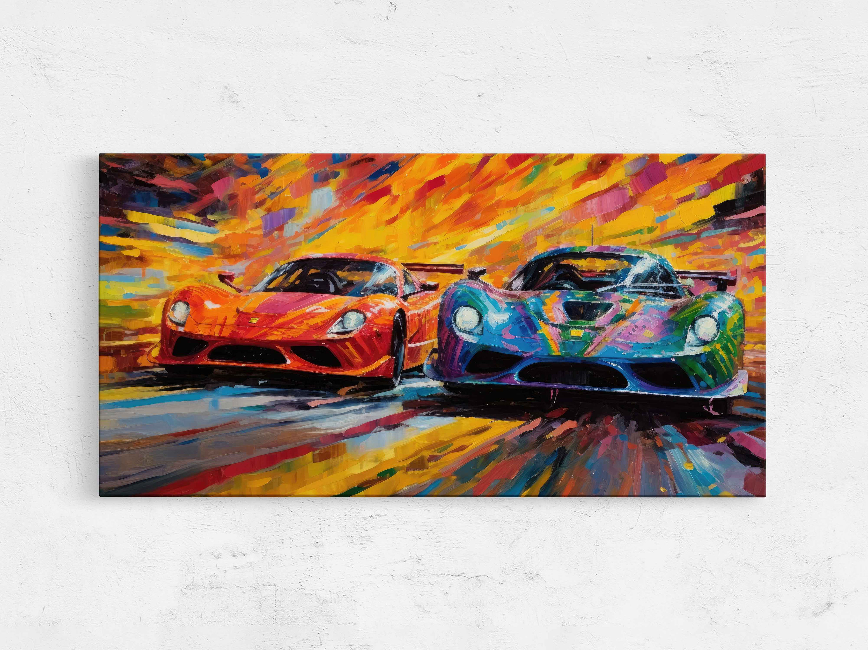 Abstract Racecars Palette Knife Painting, Framed Canvas Print
