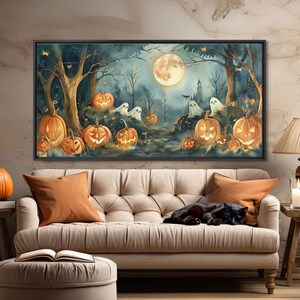 May include: A Halloween-themed painting with a full moon, spooky trees, and a group of carved pumpkins with glowing faces.  There are also several white ghosts in the background.