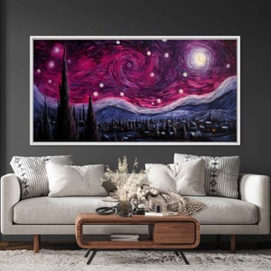 Pink Starry Night Van Gogh Inspired Impressionist Wall Art Canvas Print, Peaceful Town, Ready To Hang