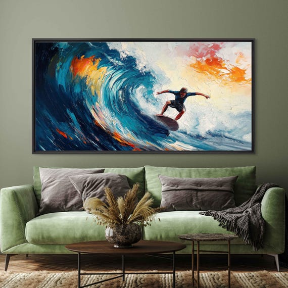Surfer Catching Wave at Sunset Wall Art Canvas Print, Gift for