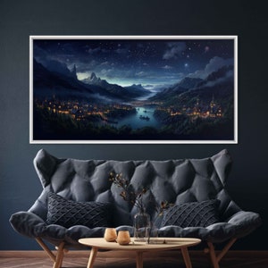 Fairytale City Landscape Wall Art Canvas Print, Cloudy Starry Night Sky, Coastal City, Mountain Range, Ready To Hang