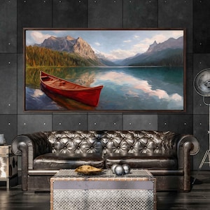 Lone Red Canoe on Tranquil Lake, Wall Art Canvas Print