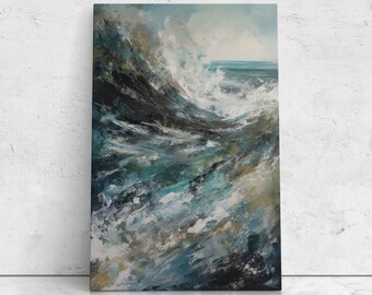 Abstract Ocean Waves Oil Painting, Digital Reproduction Print On Canvas, Framed Canvas Print, Office Decor