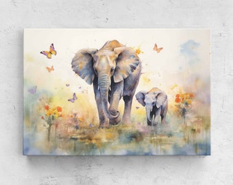 Watercolor Mother And Baby Elephant, Canvas Wall Art, Unique And Colorful Nursery Decor