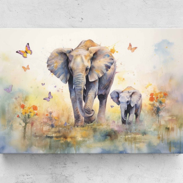 Watercolor Mother And Baby Elephant, Canvas Wall Art, Unique And Colorful Nursery Decor