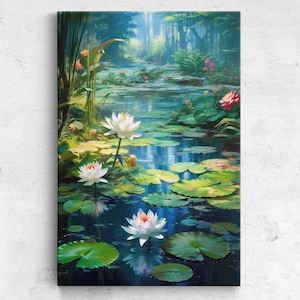 White Water Lilies, Framas Canvas Print, Ready To Hang, Floral Wall Art, Home Decor