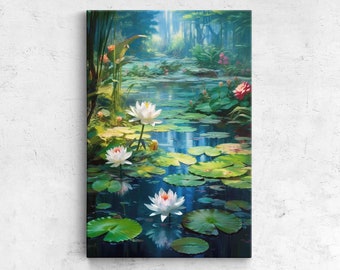 May include: A painting of a pond with lily pads and white water lilies. The water is a deep blue and the lily pads are green. The water lilies have white petals and yellow centers. The background is a forest with green trees.