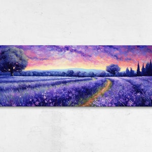 Pintura panorámica colorida del campo de lavanda, impresión de reproducción de lienzo, listo para colgar, cielo nocturno estrellado