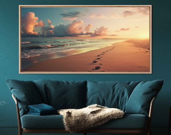 Rolling Ocean Waves On Sandy Beach, Cloudy Skies, Footprints In Sand, Sunrise Sunset, Framed Canvas Print, Ready To Hang