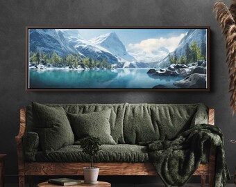Serene Lakeside Vista, Panoramic Wall Art, Lake And Snowy Mountains, Framed Canvas Print, Ready To Hang