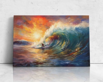 May include: A painting of a surfer riding a large wave at sunset. The wave is a vibrant blue and green, with a golden glow from the setting sun. The surfer is silhouetted against the wave, creating a dramatic scene.
