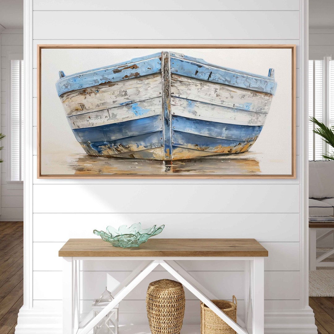 Worn Blue and White Wooden Boat Hull Wall Art Canvas Print, Gift for ...