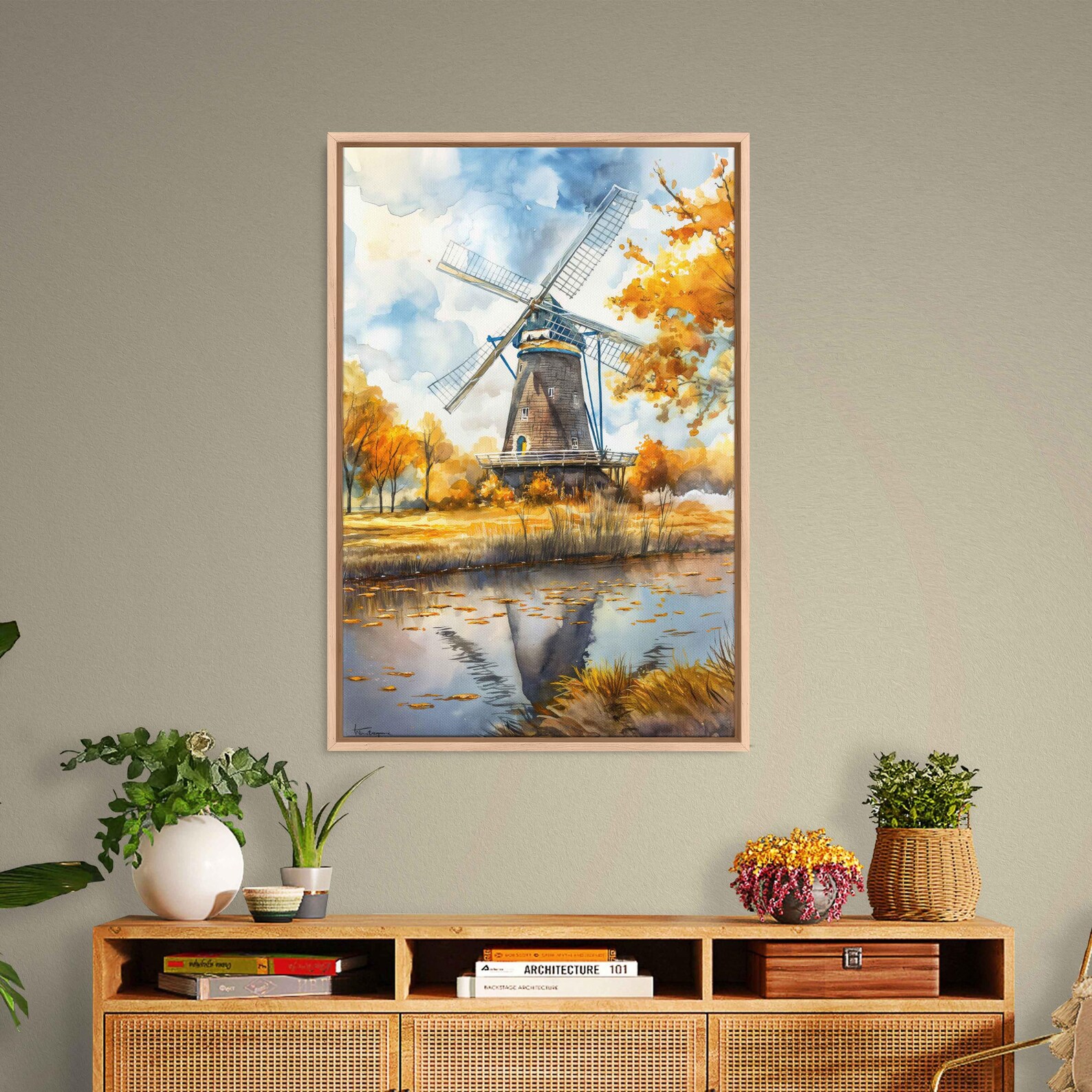 Windmill Surrounded by Autumn Trees and Golden Fields Watercolor Wall ...