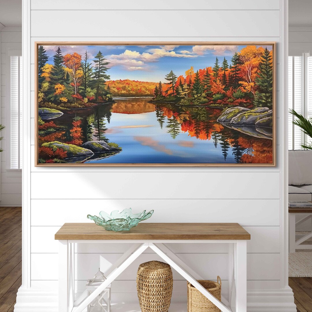 Peaceful Lake Surrounded by Autumn Forest Wall Art Canvas Print, Fall ...
