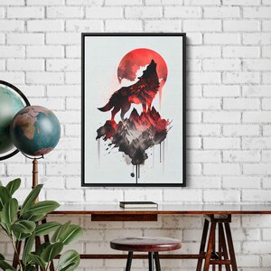 May include: A black and white watercolor painting of a wolf howling at a red moon. The wolf is standing on a mountain peak with a red and black watercolor background.