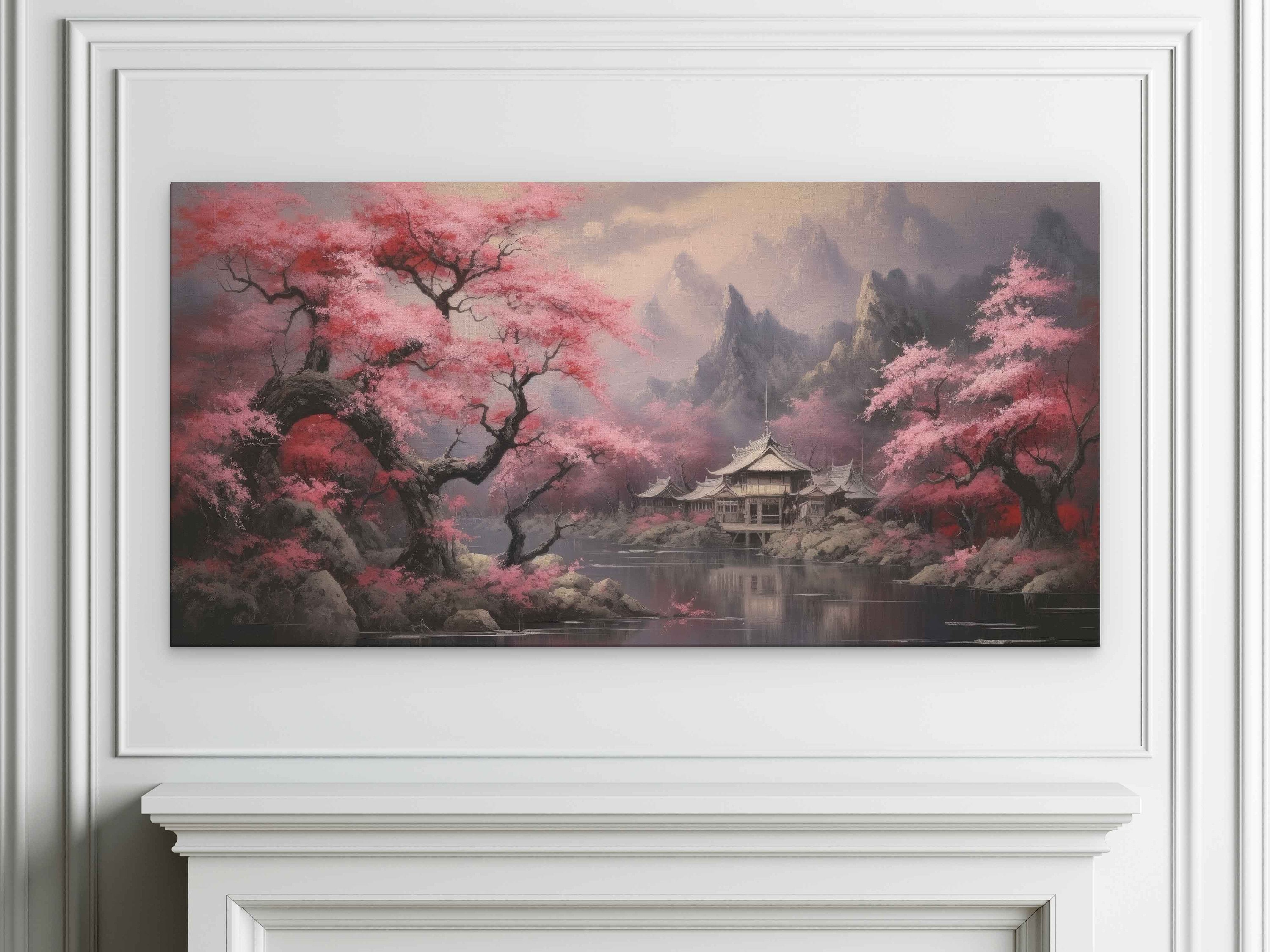 Japanese Pink Cherry Tree Blossoms on the River Oil Painting
