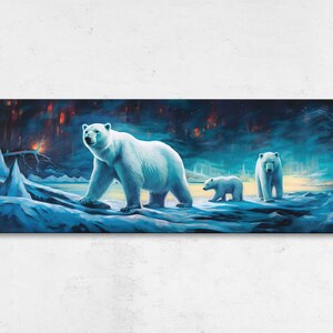 Polar Bears Painting Panoramic, Framed Canvas Print, Ready To Hang, Snow Landscape Painting