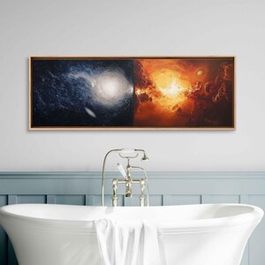 May include: A long, horizontal painting depicting a cosmic scene. The left side of the painting is a dark blue with a swirling white nebula. The right side of the painting is a fiery orange with a bright yellow sun. The two sides are separated by a thin line of white.