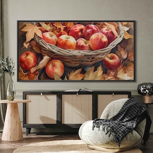 Basket Full Of Apples Watercolor Wall Art Canvas Print, Kitchen Wall Art, Fall Leaves, Fruit Painting, Ready To Hang