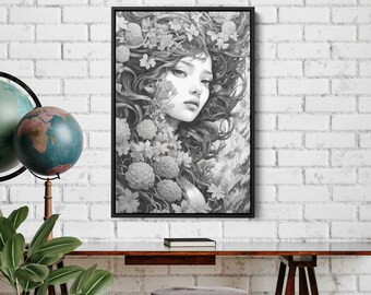 Line Art Woman Drawing, Intricate Details, Monochrome, Black And White, Framed Canvas Print, Ready To Hang