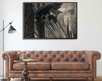 Gothic Gargoyle Statue Perched On Cathedral Wall Art Canvas Print, Halloween Wall Art, Spooky Wall Art, Ready To Hang