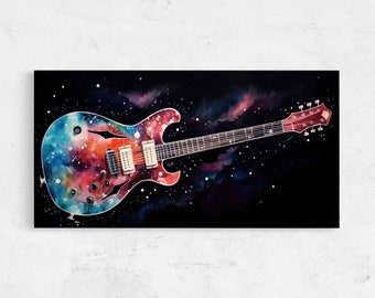 Guitar In Space Watercolor Painting, Framed Canvas Print, Ready To Hang, Gift For Musician