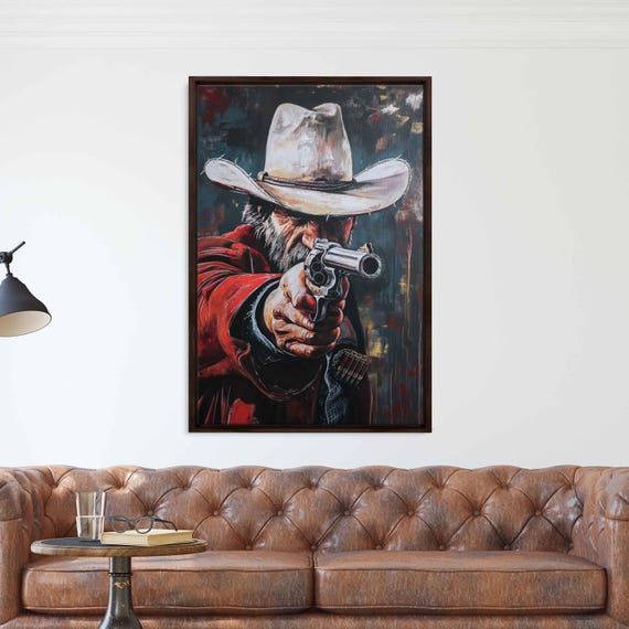 Vintage Cowboy Shooting Revolvers Acrylic Wall Art Canvas Print