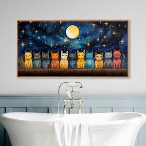 Celestial Cats, Whimiscal Watercolor Painting, Stars And Moons, Framed Canvas Print, Ready To Hang, Panoramic Wall Art