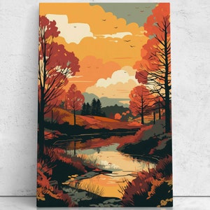 Colorful Fall Landscape Pop Art Illustration, Digital Print On Canvas, Ready To Hang, Beautiful Autumn Decor