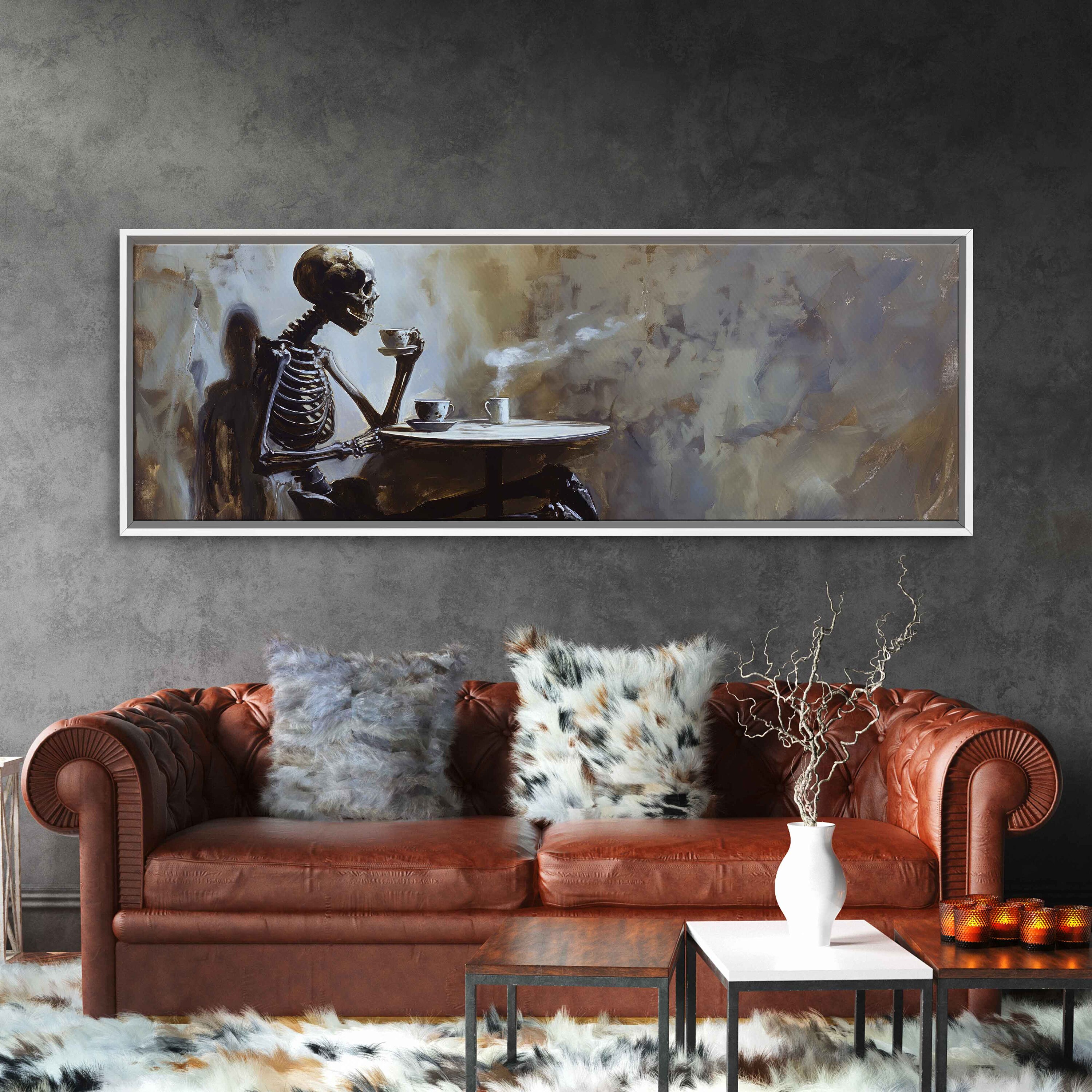 Skeleton Making Tea Skeleton Having A Cup of Tea at Small Table Whimsical Oil Painting Wall ...