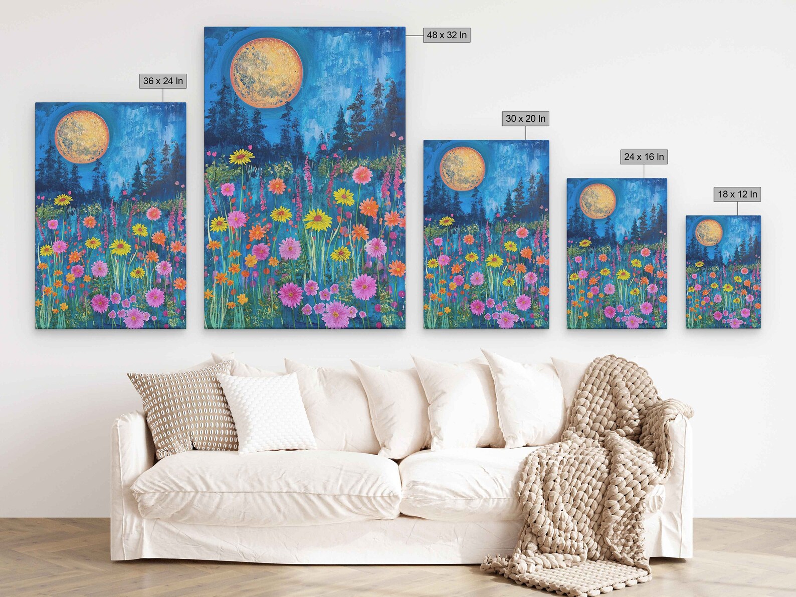 A Field of Wildflowers Under A Full Moon, Starry Night Sky, Canvas Wall ...