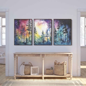 Moonlit Forest Watercolor Painting, 3 Piece Wall Art, Framed Canvas Print, Ready To Hang, Triptych Wall Art image 4
