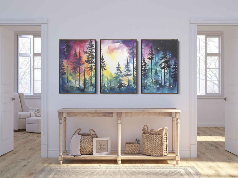 Moonlit Forest Watercolor Painting, 3 Piece Wall Art, Framed Canvas Print, Ready To Hang, Triptych Wall Art image 4