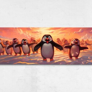 Cute Happy Arctic Penguins Panoramic Wall Art, Framed Canvas Print, Ready To Hang, Living Room Decor, Nursery Wall Art