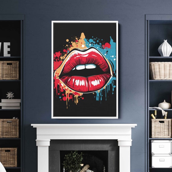 Colorful Pop Art Lips, Paint Splash Wall Art, Framed Canvas Print