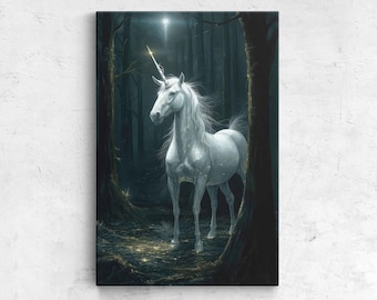May include: A white unicorn with a golden horn stands in a dark forest. The unicorn is illuminated by a soft light, casting a magical glow on its coat. The forest is filled with tall trees and lush foliage.