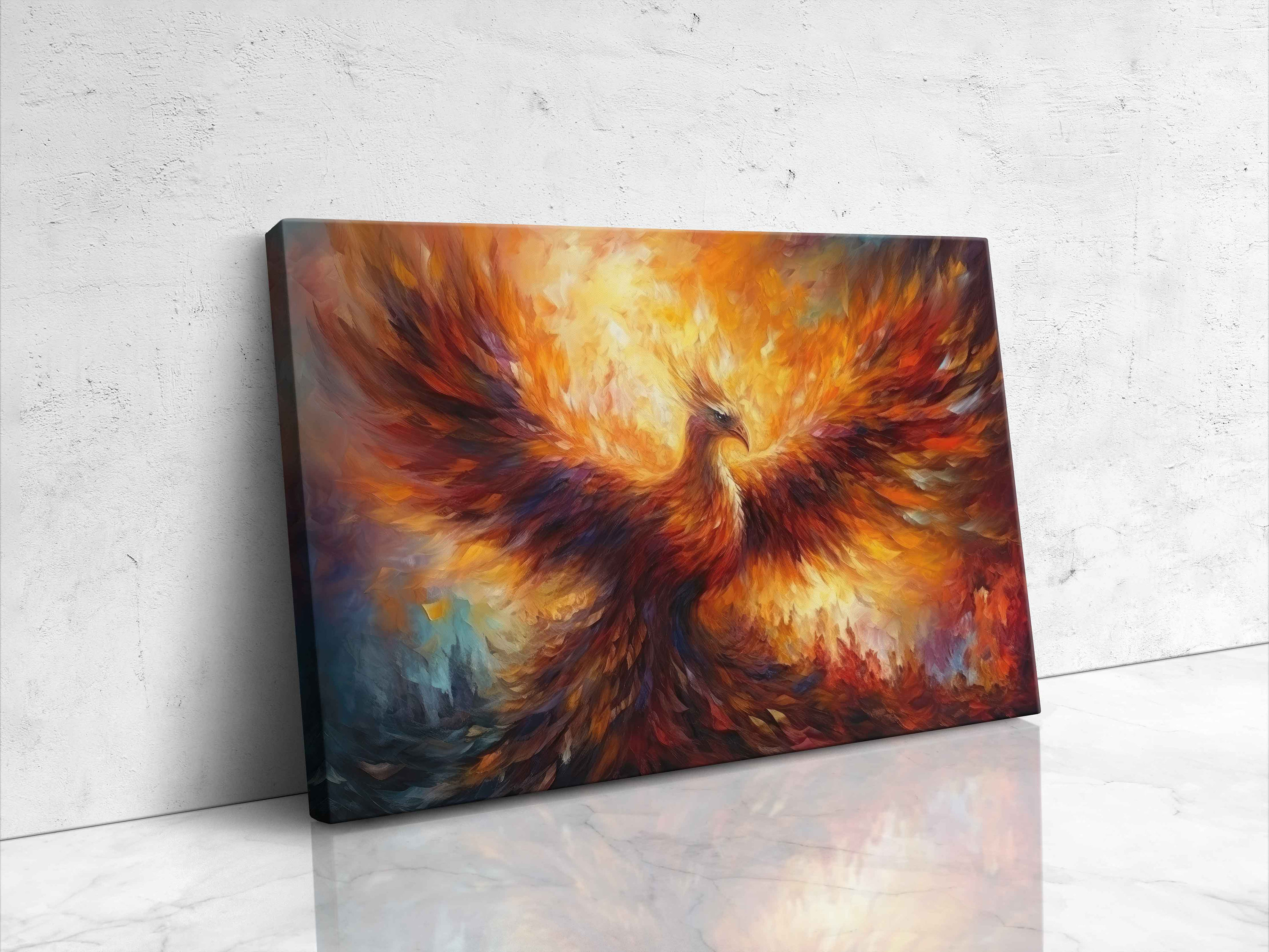 Oil Painting of A Phoenix Spreading Its Wings, Beautiful Painting