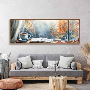 Cozy Autumn Scene With Open Book And Warm Drink On Windowsill Wall Art Canvas Print, Fall Foliage, Cabin Decor, Fall Scenery, Ready To Hang