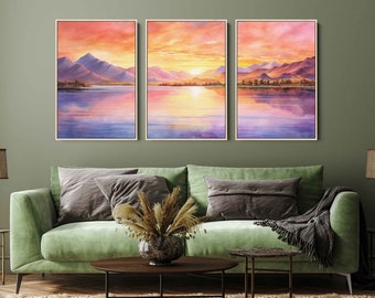 Calm Vibrant Watercolor Triptych Painting, Glassy Water Sunrise Sunset, Colorful Mountain Range, Framed Canvas Print, Ready To Hang