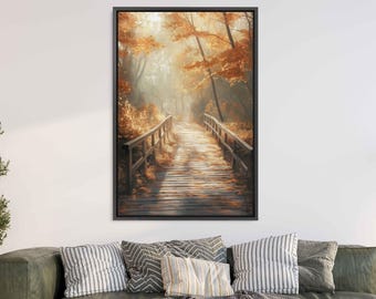 May include: A painting of a wooden bridge leading into a forest with golden leaves and a misty background.